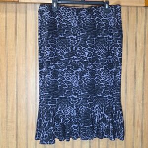Cato Leopard Print Midi‎ Skirt Blue Pull On Ruffle Hem Stretch Casual Trendy L